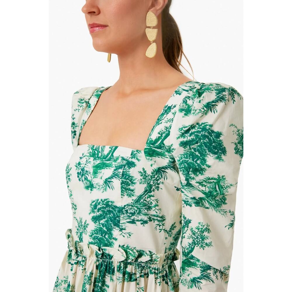 Cara Cara Blue Hill Toile Midi Dress Size 10 Green Botanical Cotton Garden Party - Picture 13 of 15